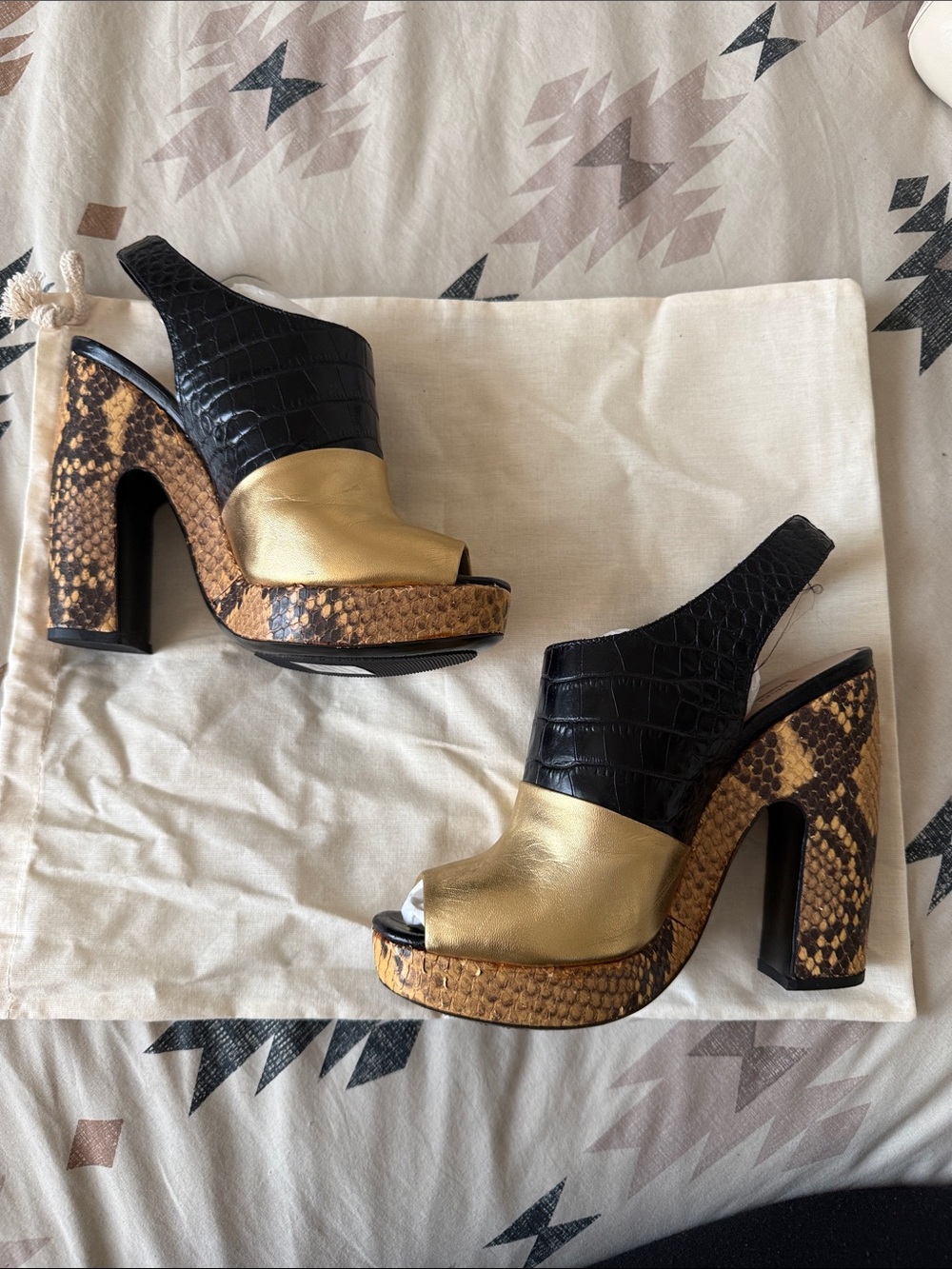 Dries Van Noten Black, Gold & Brown Snakeskin Platform Slingbacks